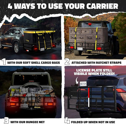 Mockins 60"x24"x14" High Rail Car Trailer Hitch Cargo Carrier w/Rear Lights, Plate Bracket & 30 CuFt Waterproof Hitch Cargo Bag | 500 Lbs. Cap Weatherproof Folding Luggage Rack for SUV Car Truck & RV