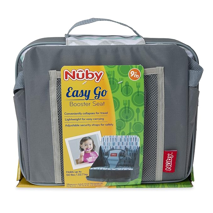 Nuby Easy Go Booster Seat - Travel Booster Seat for Babies and Toddlers - Holds Up to 35 Pounds - 9+ Months - Gray Chevron