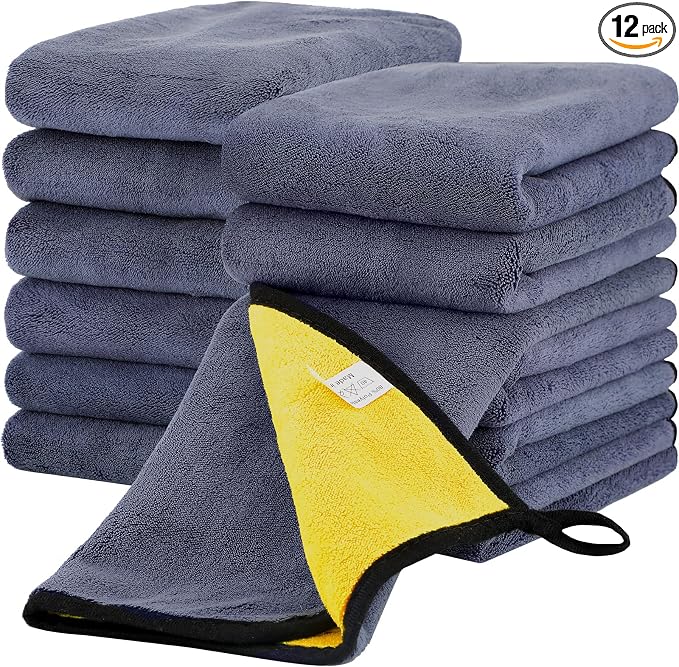 Tallew 12 Pcs Microfiber Towels for Cars, 800 GSM Plush Drying Cleaning Cloth Bulk, 16 x 16 Inch Thick Absorbent Wash Detailing Towels for Car Polishing, House, Kitchen Cleaning(Yellow and Gray)