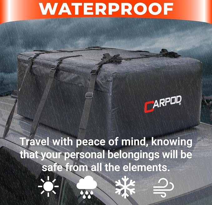 Car Rooftop Cargo Carrier Bag, 15 Cubic ft. 100% Waterproof Roof Bag & Zippers, for All Cars with/Without Racks, 10 Heavy Duty Straps 1.5” Wide, Heat Welded Seams, Roof Pad +Storage Bag +6 Door Hooks
