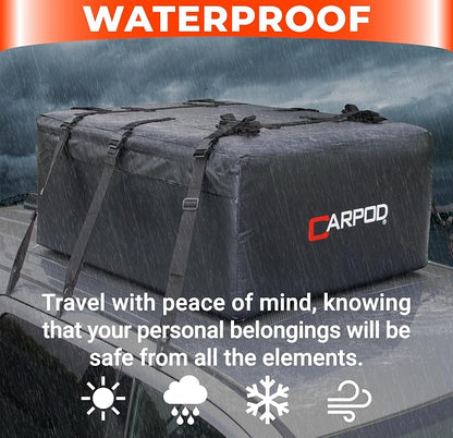 Car Rooftop Cargo Carrier Bag, 15 Cubic ft. 100% Waterproof Roof Bag & Zippers, for All Cars with/Without Racks, 10 Heavy Duty Straps 1.5” Wide, Heat Welded Seams, Roof Pad +Storage Bag +6 Door Hooks