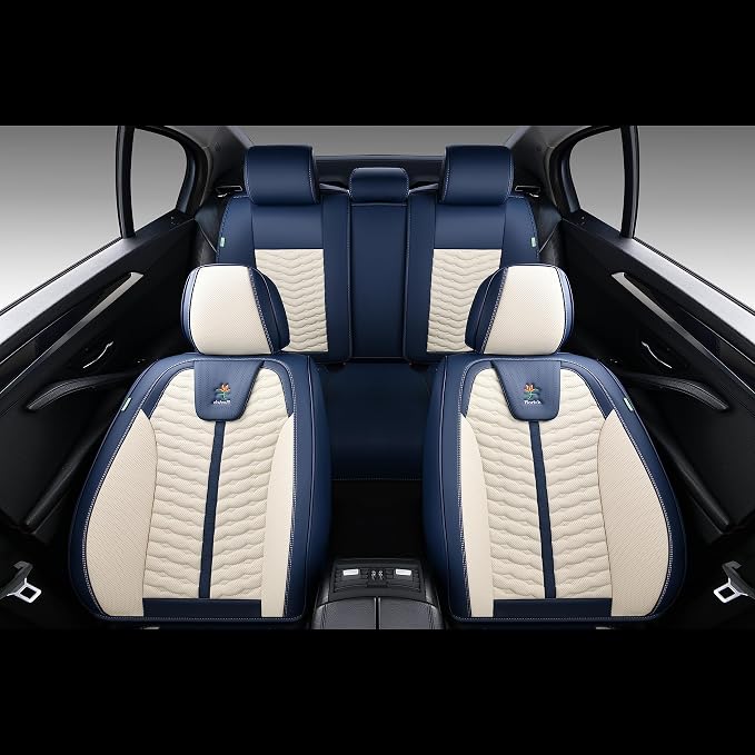 FLORICH Seat Covers for Cars, Seat Covers Full Set 5 Seats, Waterproof Leather Car Seat Covers, Front and Rear Seat Covers, Universal Seat Protector Accessories for Most Vehicles-Blue&White