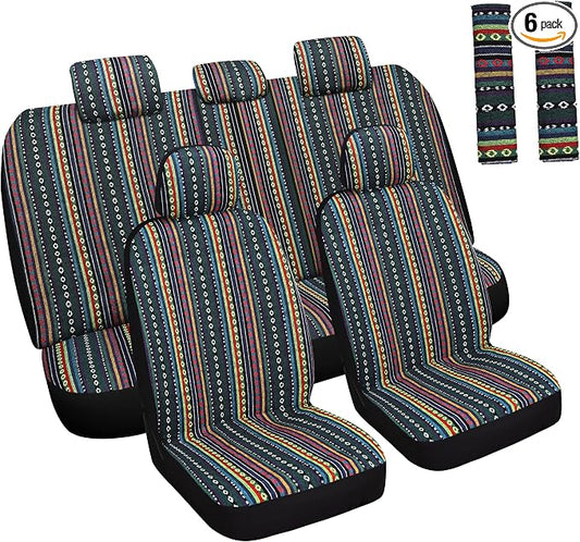 HAIYAOTIMES Baja Saddle Blanket Car Seat Covers Full Set with Seat Belt Pads, Washable Breathable Seat Covers for Cars, Universal Fit Interior Covers for Most Cars, Airbag Compatible, Red/Blue