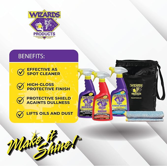 Wizards 5 Piece Car Detailing Kit - Beginner Friendly Professional Car Detailing Kit - Car Accessories for Men - Comes with a Microfiber Towel, Storage Bag and 22 oz Spray Bottles