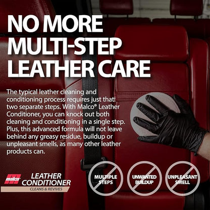 Malco Leather Conditioner for Cars - Cleans and Conditions Automotive Seats & Surfaces/Natural Moisturizers Soften, Restore and Protect Leather Interiors / 32 Oz (109932)