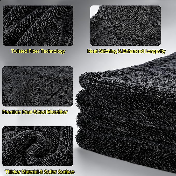 Aodaer 3 Pack Gray Car Drying Towel, 1200GSM Ultra Absorbent Microfiber, 24 x 36 Inch & 12 x 12 Inch Microfiber Towels for Cars, Twisted Loop, Dual Sided & Streak-Free for Auto Detailing Car SUV Truck