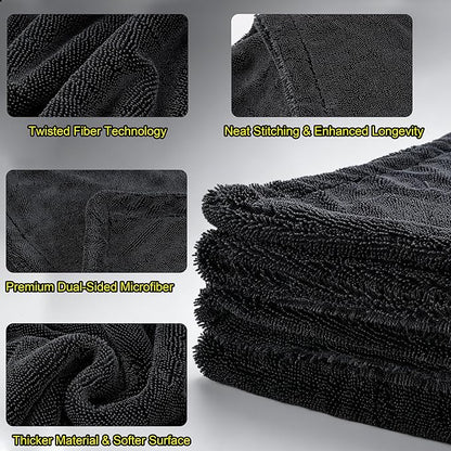 Aodaer 3 Pack Gray Car Drying Towel, 1200GSM Ultra Absorbent Microfiber, 24 x 36 Inch & 12 x 12 Inch Microfiber Towels for Cars, Twisted Loop, Dual Sided & Streak-Free for Auto Detailing Car SUV Truck