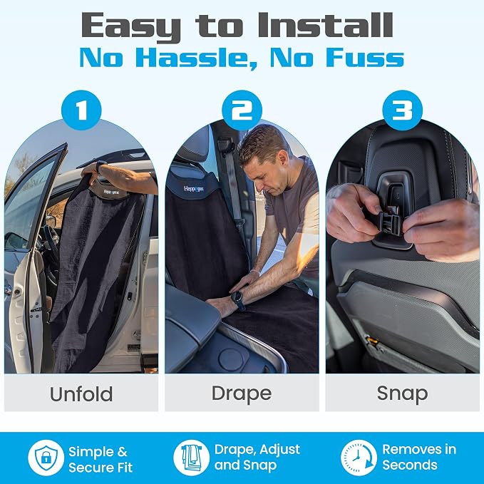 HAPPEGEAR Happeseat Waterproof Car Seat Cover & Protector – Universal Fit Car Seat Towel Cover – Non-Slip Backing, Easy Install & Storage, Machine Washable, Fits Front & Back, Black