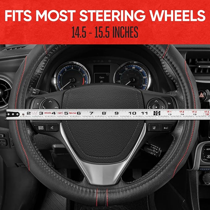 Motor Trend GripDrive Faux Black Leather Steering Wheel Cover for Car Truck Van SUV, Standard 15 inch Size, Red Accent Stitched Car Steering Wheel Cover Vehicle & Auto Accessories