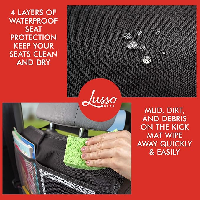 Lusso Gear Kick Mats (2 Pack) - Car Seat Back Protectors, Premium Waterproof Fabric, Reinforced Corners to Prevent Sag, and 4 Mesh Pockets for Large Storage (Tan)