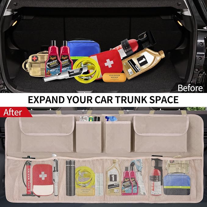 Car Trunk Organizer and Storage, Large Capacity Backseat Hanging Storage Accessories, Backseat Car Organizer for SUV/MPV/Truck (Khaki)