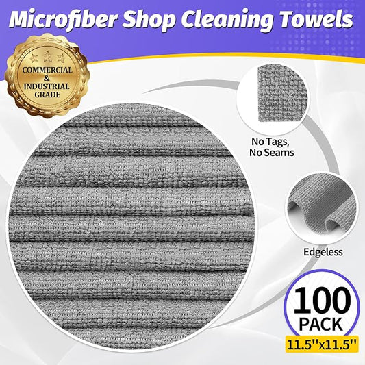 Microfiber Cleaning Cloth, 100 Pack Cleaning Rags Microfiber Towel Bulk Absorbent Lint-Free WashCloths, All-Purpose Towels for Cars, Shop, Automotive, Garage, Home Kitchen 11.5"*11.5", Grey