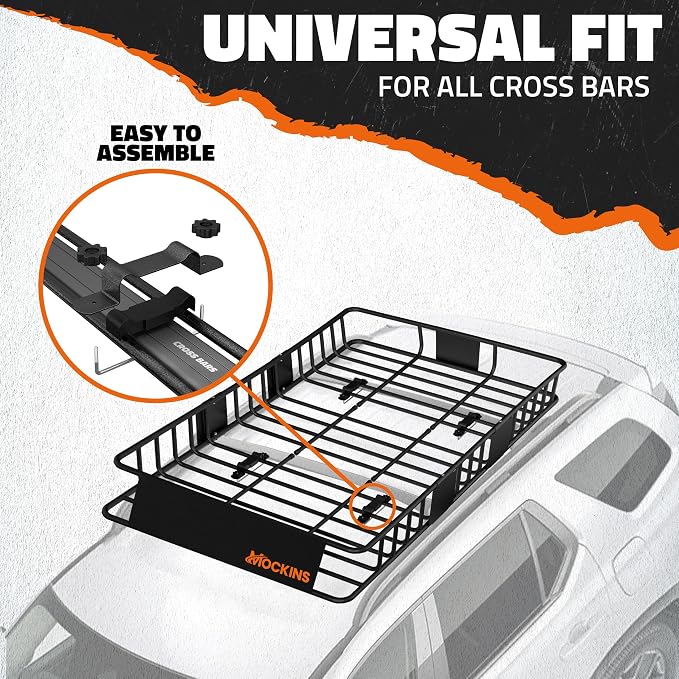 Mockins 64"x39"x6" Extendable Cargo Roof Rack Basket with 250 Lbs Capacity | Heavy-Duty Car Roof Cargo Carrier Rack Bundle with Straps & Net | All-Weather Steel Luggage Carrier for Car Rooftop Storage