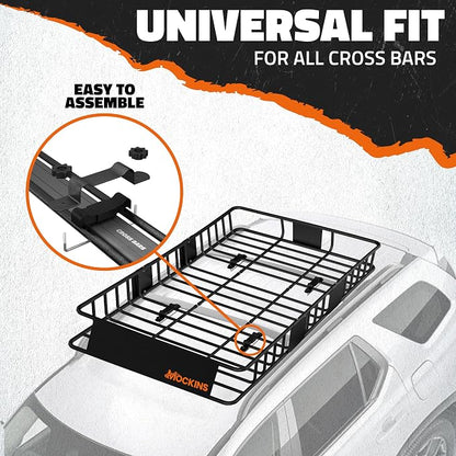 Mockins 64"x39"x6" Extendable Cargo Roof Rack Basket with 250 Lbs Capacity | Heavy-Duty Car Roof Cargo Carrier Rack Bundle with Straps & Net | All-Weather Steel Luggage Carrier for Car Rooftop Storage