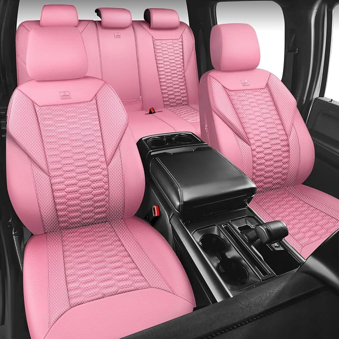CAR PASS 3D Foam Mesh Leather Car Seat Covers Full Set, Pink Breathable Mesh Faux Leather Seat Covers for Women, Universal Fit for Car SUV Truck Sedan Automotive, Armrest Airbag Compatible, All Pink
