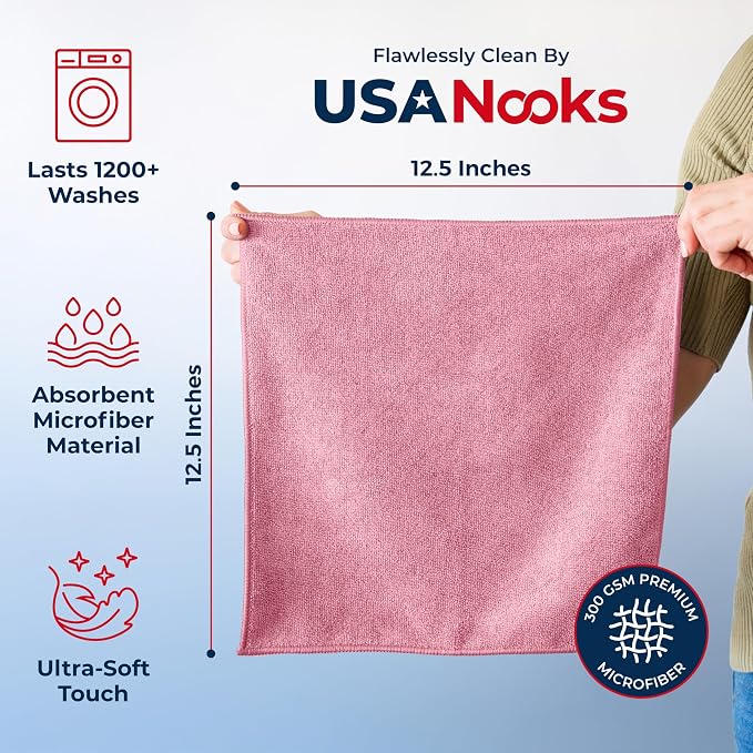 USANOOKS Microfiber Cleaning Cloth Light Pink - 8 Pcs 12.5"x12.5" - High Performance - 1200 Washes, Ultra Absorbent Towels Weave Grime & Liquid for Streak-Free Mirror Shine - Car Washing Cloth