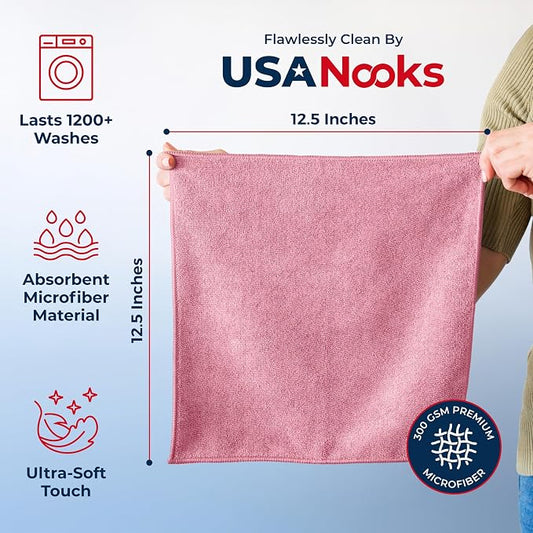 USANOOKS Microfiber Cleaning Cloth Light Pink - 8 Pcs 12.5"x12.5" - High Performance - 1200 Washes, Ultra Absorbent Towels Weave Grime & Liquid for Streak-Free Mirror Shine - Car Washing Cloth