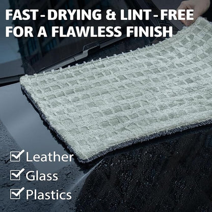 Greenfound 1000GSM Car Drying Towel 18"x24", Edgeless Double Twist Pile, Ultra Absorbent Microfiber Towel, Scratch-Free Lint-Free Streak-Free for Auto Detailing & Car Wash – Check Silver&Grey