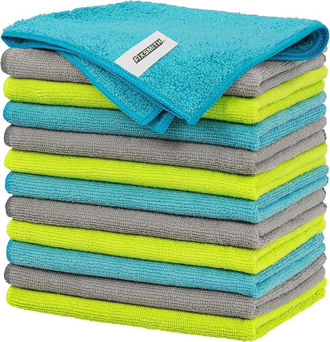 FIXSMITH Microfiber Cleaning Cloth - Pack of 12, Multi-Functional Towels, Size: 12 x 16 in, Highly Absorbent Rags, Lint-Free, Streak-Free for Car, Kitchen, Home, Office