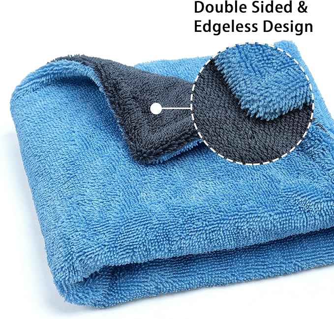 Greenfound 1000GSM Car Drying Towel 18"x24", Edgeless Double Twist Pile, Ultra Absorbent Microfiber Towel, Scratch-Free Lint-Free Streak-Free for Auto Detailing & Car Wash – Blue&Grey