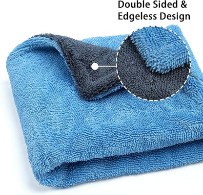 Greenfound 1000GSM Car Drying Towel 18"x24", Edgeless Double Twist Pile, Ultra Absorbent Microfiber Towel, Scratch-Free Lint-Free Streak-Free for Auto Detailing & Car Wash – Blue&Grey