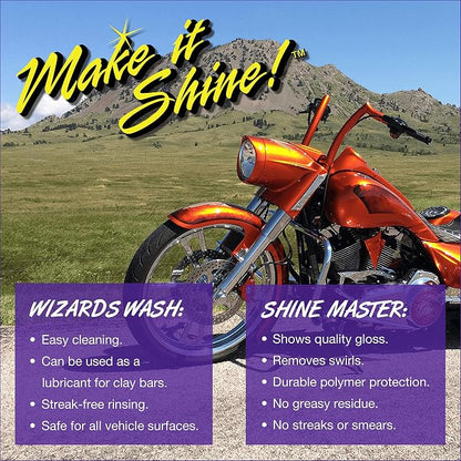 Wizards Car Detailing Kit - Premium and Comprehensive Car Cleaning Kit - 7 Piece Car Detail Kit with Mist n Shine, Tire and Vinyl Shine, Wash, Shine Master - Great Car Cleaning Gift Set
