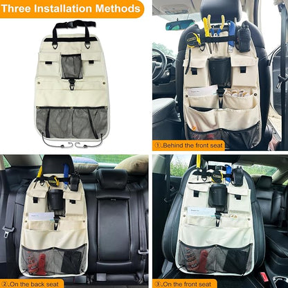 Car Seat Back Organizer with Multiple Storage Pockets, Black Mesh and Fabric, Universal Fit (beige)