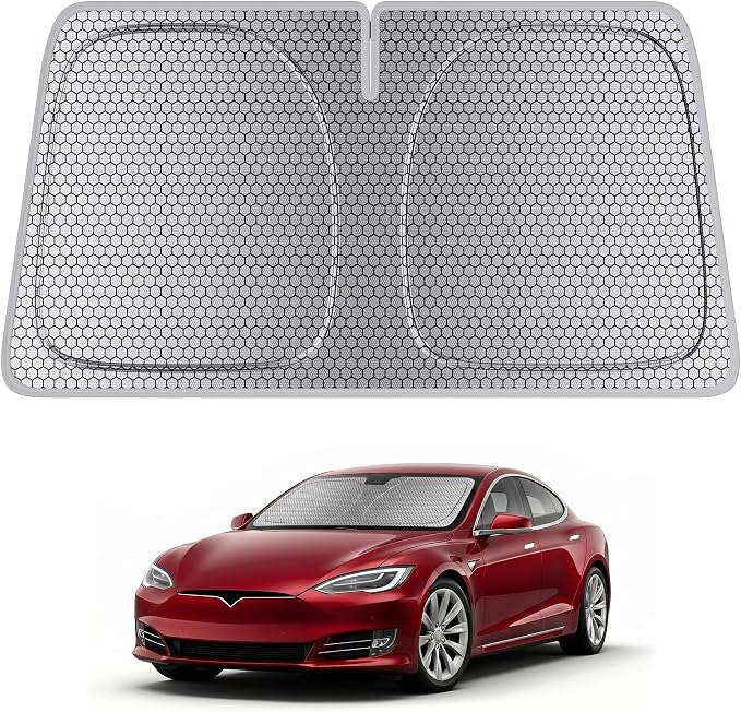 helloleiboo Windshield Sun Shade for Tesla Model S & Model X 2016-2026 Graphene Honeycomb Heat Shield with UV Protection Foldable Custom Fit Front Window Sunshade Silver 58" x 41"