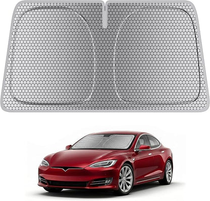 helloleiboo Windshield Sun Shade for Tesla Model S & Model X 2016-2026 Graphene Honeycomb Heat Shield with UV Protection Foldable Custom Fit Front Window Sunshade Silver 58" x 41"