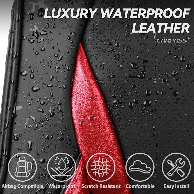 CAR PASS Nappa Leather Car Seat Covers, Durable Waterproof Luxury Universal Seat Covers for SUV Pick-up Truck Sedan, Anti-Slip Driver 5 Seat Covers Full Set with Backrest, Black Metallic Red