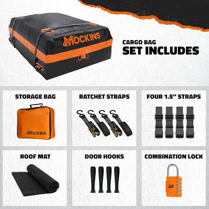 Mockins 30 Cu Ft Car Roof Cargo Carrier Bag for Top of Car Storage | 60"x43"x20" Waterproof Soft-Shell 840D Roof Bag | No Rack Rooftop Cargo Carrier with Mesh Mat, Lock, Hooks, & Straps
