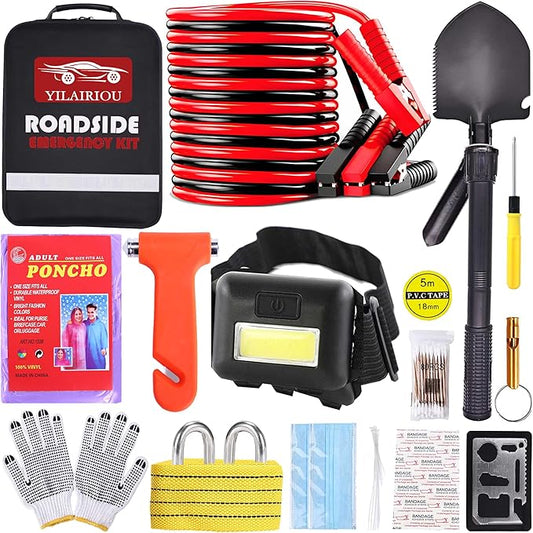 Emergency Car Kit, Car Safety Kits with Jumper Cables, Safety Hammer | Premium Roadside Assistance Kit for Cars Headlamp Folding Shovel Tow Strap Gifts for New Drivers Roadside Emergency Car Kit