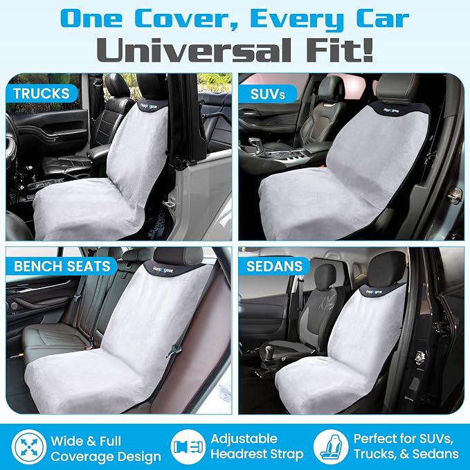 HAPPEGEAR Happeseat Waterproof Car Seat Cover & Protector – Universal Fit Car Seat Towel Cover – Non-Slip Backing, Easy Install & Storage, Machine Washable, Fits Front & Back, Silver