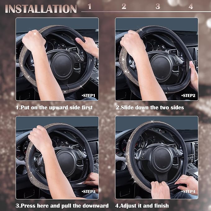 CAR PASS Bling Champagne Diamond Steering Wheel Cover, Black Leather Universal Fit 14.5-15inch Glitter Rhinestones for Women Sparkle Crystal Girly Shining for SUV,Vans,Sedan,Car,Truck, Black Champagne