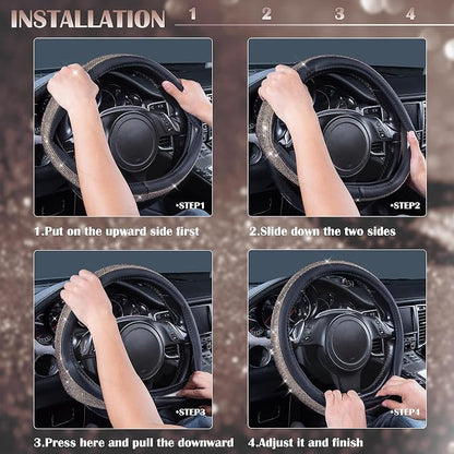 CAR PASS Bling Champagne Diamond Steering Wheel Cover, Black Leather Universal Fit 14.5-15inch Glitter Rhinestones for Women Sparkle Crystal Girly Shining for SUV,Vans,Sedan,Car,Truck, Black Champagne