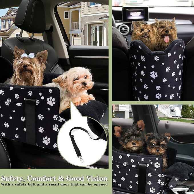 Dog Car Seat for Console - Memory Foam Pet Booster Seat for Small Medium Dogs Up to 21 lbs - SUV Truck Center Console Dog Seat with Safety Leash & Storage Pockets - Washable Cover (Large Black)