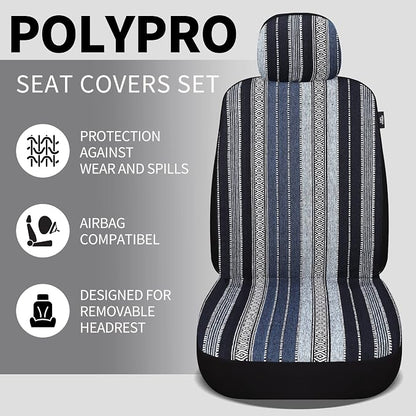 HAIYAOTIMES Baja Saddle Blanket Car Seat Covers Front Set with Seat Belt Pads, Washable Breathable Seat Covers for Cars, Universal Fit Interior Covers for Most Sedan Truck SUV, Airbag Compatible, Blue