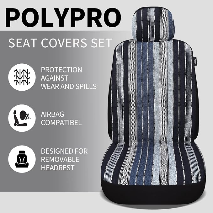 HAIYAOTIMES Baja Saddle Blanket Car Seat Covers Full Set with Seat Belt Pads, Washable Breathable Seat Covers for Cars, Universal Fit Interior Covers for Most Sedan Truck SUV, Airbag Compatible, Blue