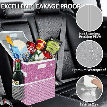 Cute Mini Car Trash Bag with Lid, Glitter Garbage Can Bin Hanging for Back/Front Seat/Console, Waterproof, Leakproof, 2.5 Gallon, Purple Bling Sparkly