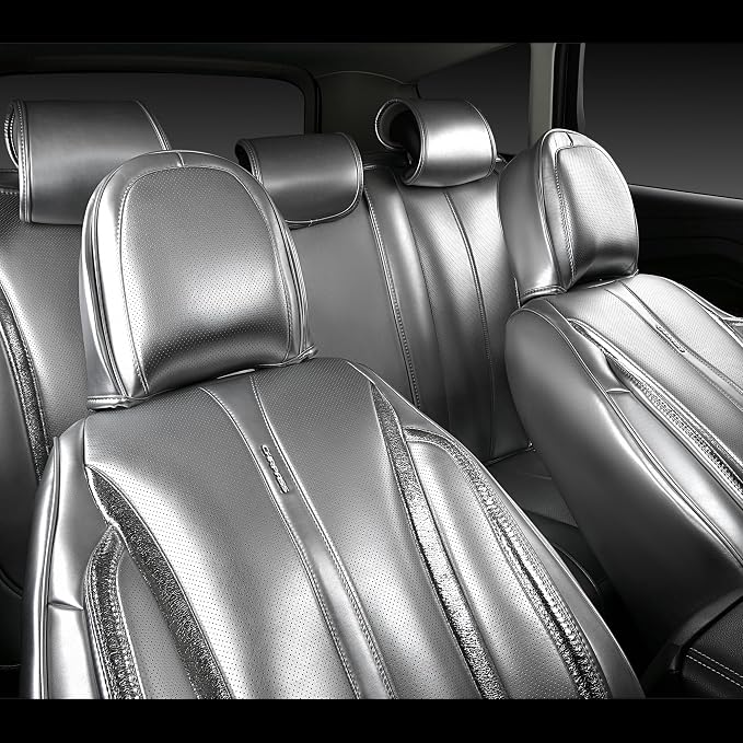 CAR PASS Ultra+ Nappa Leather Car Seat Covers Full Set Universal Cushioned, Soft Breathable Waterproof Anti-Slip Driver Seats and Backrest for SUV Pick-up Truck Sedan, 5 Seats Margiela Solid Silver