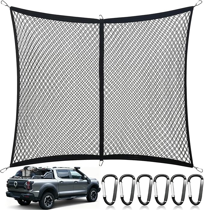 Double Layer Cargo Net for Pickup Truck Bed, Stretchable 4"x4" to 7"x7", Highly Elastic Truck Bed Net with 6 Metal Carabiners, Suitable for Daily Light Loads of Trucks, Vans and SUVs