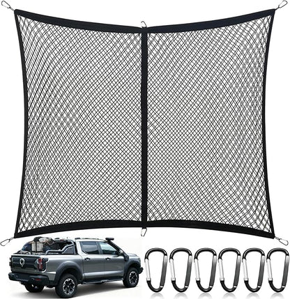 Double Layer Cargo Net for Pickup Truck Bed, Stretchable 4"x4" to 7"x7", Highly Elastic Truck Bed Net with 6 Metal Carabiners, Suitable for Daily Light Loads of Trucks, Vans and SUVs