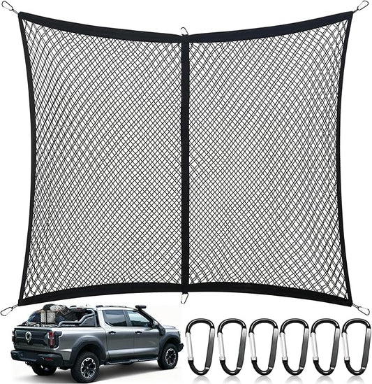 Double Layer Cargo Net for Pickup Truck Bed, Stretchable 4"x4" to 7"x7", Highly Elastic Truck Bed Net with 6 Metal Carabiners, Suitable for Daily Light Loads of Trucks, Vans and SUVs
