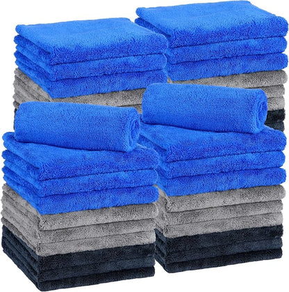 Shimeyao 30 Pcs16 x 16 Inch Edgeless Microfiber Plush Towels for Cars Detailing Drying Wash Polishing Absorbent Cleaning Cloths, 500 GSM (Navy Blue, Gray, Black)