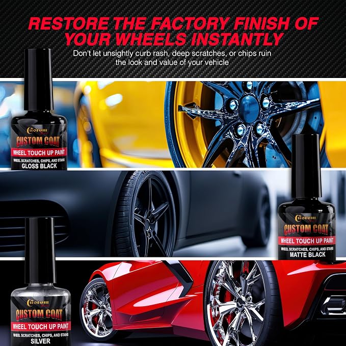 Custom Shop Silver Black Rim Touch Up Paint Kit - Wheel Paint Curb Rash Repair Scratches, Chips - 3 Colors Gloss Black, Matte Black, Silver - Automotive Car Rim Paint Touch Up Pen for Metal