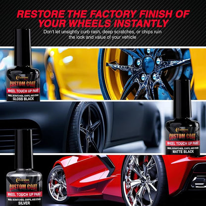 Custom Shop Silver Black Rim Touch Up Paint Kit - Wheel Paint Curb Rash Repair Scratches, Chips - 3 Colors Gloss Black, Matte Black, Silver - Automotive Car Rim Paint Touch Up Pen for Metal