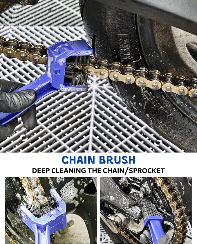 Motorcycle Cleaning Brush Kit 6 Pack, Easy Reach Brush, Chain Brush,Wool Wash Mitt, Stiff Tire Brush, Detailing Brush& Microfiber Towel for Motorcycle Mudguard, Rims,Exhaust, Frame Detailing Wash Kit