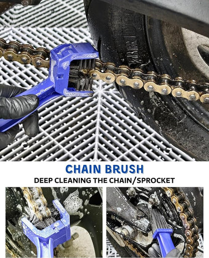 Motorcycle Cleaning Brush Kit 6 Pack, Easy Reach Brush, Chain Brush,Wool Wash Mitt, Stiff Tire Brush, Detailing Brush& Microfiber Towel for Motorcycle Mudguard, Rims,Exhaust, Frame Detailing Wash Kit
