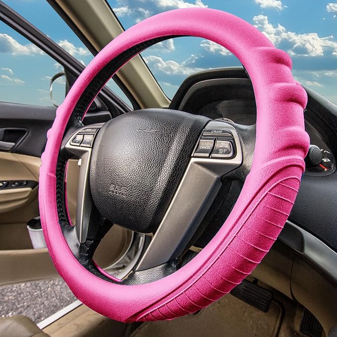 FH Group Universal Fit Silicone with Grip and Pattern Massaging Grip Steering Wheel Cover fits most Cars, SUVs, Trucks, and Vans Baby Pink