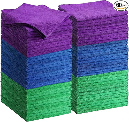 Nuenen Cleaning Cloths for Cars 16 x 16 Inch Ultra Absorbent Towels Drying Microfiber Reusable Cleaning Supplies House Kitchen Window Microfiber Towel (Purple,Blue,Green,60 Pcs)